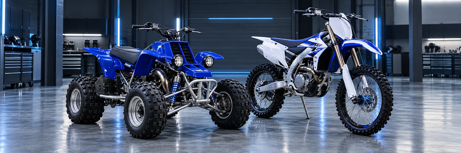 A blue Banshee and dirt bike in a modern workshop